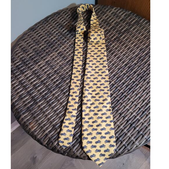 Lauren Ralph Lauren LRL Yellow Silk Tie Blue Motorcycle Print 56” x 3 5/8” USA - Picture 1 of 8